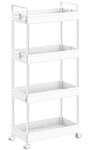 SOLEJAZZ 4-Tier Storage Trolley Cart Slide-out Rolling Utility Cart Mobile Storage Shelving Organizer for Kitchen, Bathroom, Laundry Room, Bedroom, Narrow Places, Plastic, White