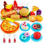 Hanmulee Pretend Play Food, 33PCS Cutting Toys with Pizza Hamburger Cake and Fruits Kitchen Play Set, Educational Role Play Toys for Kids Toddlers…