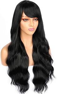 Long Wavy Synthetic Black Hair Wigs with Bangs for Women Girls Black Long Wavy 1B Synthetic Hair Wig with Bangs Soft Long Natural Looking Black Body Wave Synthetic Hair Wigs with Bangs for Women 22''