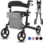 Vive Mobility Walker - Folding 4 Wheel Rollator Medical Rolling Walker with Seat & Bag - Mobility Aid for Adult, Senior, Elderly & Handicap - Aluminum Transport Chair (Black)