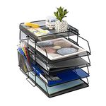 5 Tier Stackable Letter Tray Office Desk Paper Organizer File Trays, Desktop Holder for Paper Letter Accessories with Pen Holder(Black)