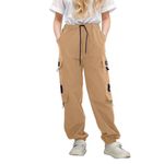 Parachute Pants for Girls Elastic Waist Casual Loose Cargo Trousers with Pockets Street Dance (A-Khaki, 13-14 Years)