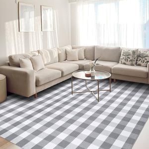 KOZYFLY Buffalo Plaid Area Rug 8 x 10 Ft Gray and White Checkered Rug Washable Outdoor Patio Rugs Cotton Rugs for Living Room Carpet for Dining Room Bedroom Farmhouse Rug