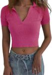 Hyipels Women Knit Crop Polo Shirts,Summer Short Sleeve Ribbed Collared T-Shirt Solid Fitted V Neck Tops Hot Pink