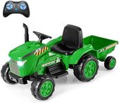 Costzon 2-in-1 Ride On Tractor, 12V Kids Ride on Car w/Detachable Trailer, Remote Control, Wireless Connection, Horn, Music, Lights, Spring Suspensions, Tractor Toys for Kids 3-8