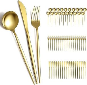 Evanda Gold Cutlery Set 60 Piece Service for 20, Titanium Gold Plated Stainless Steel Flatware Set, Knives Forks Spoons Cutlery Set for Wedding, Parties, Birthday, Restauroom, Dishwasher Safe