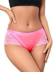 Milumia Women Sexy Lace Satin Silk Panties Underwear Mid Waist Breathable Bikini Briefs Bright Rose Pink Small