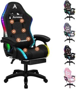 ALFORDSON Gaming Office Chair with LED Lights & 8 Point Massage, RGB Gamer Racing Chairs with Lumbar Support & Footrest, Ergonomic Computer Desk Seater with Linen Fabric(Fabric Black)