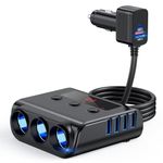 180W Car Cigarette Lighter Adapter with 3 Socket & 4 USB Ports, 12V/24V Cigarette Lighter Splitter Multi Socket Fast Car USB Adapter with Voltmeter for iPhone 16/15/14/13 Samsung Laptop GPS Dashcam