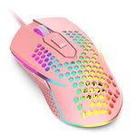 Wired USB Gaming Mouse 65G Honeycomb Shell Mini Ultra-Lightweight Gaming Mice 3200DPI 6 Button 7 Colors Chroma Breathing LED Backlight Gaming Mice Compatible with PC/Mac Office and Games-Pink