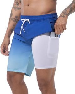 difficort Mens Swim Trunks 9" Quick Dry Bathing Suit Board Shorts with Compression Liner and Zipper Pocket,Blue Gradient,Large