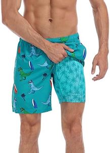 LRD Men's Swim Trunks with Compression Liner 7 Inch Inseam Quick Dry Swim Shorts, Surfer Dino / Palm Trees, Large