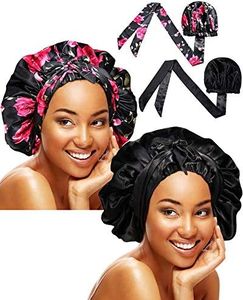 Syhood 2 Pieces Soft Satin Head Scarf Sleeping Cap Bonnet Headwear Head Wrap Turbans for Women Long Curly Hair, Braids, One Size