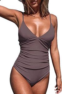 CUPSHE Women's One Piece Swimsuit Tummy Control V Neck Bathing Suits, Cafe Brown, Medium