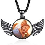 Black Chain with Picture Pendant for Men Custom Angel Wings Medallion Necklace with Chain Engraved RIP Memorial Gift