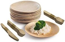 Streetfood Packaging - 24cm Palm Leaf Plates and Wooden Cutlery Set |100 Pack, 25 Large Round Plates, 25 Forks, 25 Spoons, 25 Knives| Disposable Biodegradable Compostable Recyclable Plates for Parties