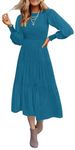 Coloody Women's 2024 Casual Long Sleeve Dress Crew Neck Smocked Flowy Tiered A-Line Pleated Midi Dress(Tealgreen,XL)