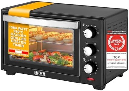 TZS First Austria Mini four Electrique 20L, Four à convection 1380W, avec Minuteur 0-60 min, Grille et Plaque de Four, Double Vitrage, Rôtissoire, max 230°C, Noir