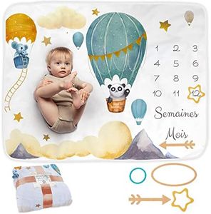ODOXIA Couverture Etape Bébé en Français | Tapis Mois Bebe Garçon Ou Fille, Unisexe | Thème Ballon | Cadeau Baby-Shower Personnalisé Jeunes Mamans | Tapis Photo Bebe | Doux, Confortable
