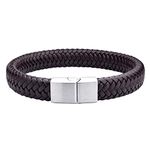 555Jewelry Mens Bracelets Leather and Steel, Magnetic Clasp Braided Brown Leather Bracelets for Men, Mens Leather Bracelet, Men Bracelets, Silver, 8.25 Inch