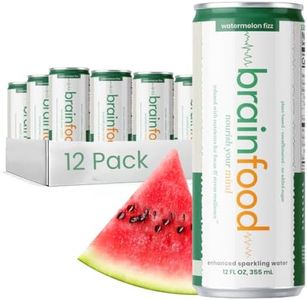 BrainFood Sparkling Water – Nootropic Drink with Nutrients & Antioxidants for Brain Health,Focus, Stress Support – Functional Beverage with Real Juice – Caffeine-Free, No Sugar Added, Vegan – 12oz Can (12 pack, Watermelon)