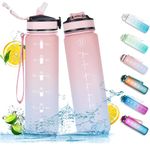 NAVTUE 1L Water Bottle with Straw, Sports Drinks Bottle with Time Markings, Leak Proof, Tritan BPA free for School/Cycling/Running (PinkBlue)