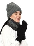 Gajraj Unisex Winter Knit Woolen Skull Cap Neck Warmer Scarf and Woolen Gloves Set (3 Piece) (Grey)