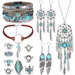 MILACOLATO Western Jewelry for Women Turquoise Pendant Necklace Western Drop Dangle Earrings Turquoise Faux Leather Layered Bracelets Boho Knuckle Rings Set Bohemian Jewelry Set