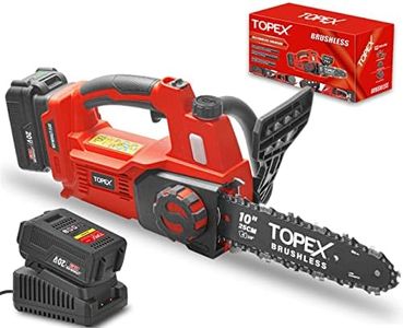 TOPEX 20V Cordless Brushless Chainsaw Portable Handheld Garden Pruning Saw Brushless for Branch Wood Cutting and Gardening w/ 4.0AH Lithium Battery Fast Charger