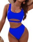 Blooming Jelly Women's High Waisted Bikini Set Two Piece Bathing Suits High Cut Bikini Sporty Cut Out Swimsuits (Royal Blue，Large)