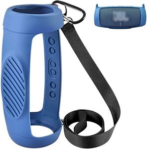 Silicone Case Cover for JBL Charge 5 Waterproof Portable Bluetooth Speaker, Travel Carrying Protective Gel Soft Skin, Waterproof Rubber Pouch with Shoulder Strap and Carabiner - Blue
