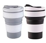 Collapsible Coffee Cup for Travel 12OZ Silicone Foldable Mug with Lid Durable Leak Proof Reusable Portable Bottle for Camping (Black+Grey)