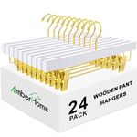 Amber Home 24 Pack White Wooden Pants Hangers with Gold Clips, Wood Skirt Hangers Trouser Hangers with Gold Hook for Jeans, Slacks, Shorts