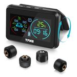 KAOLALI TPMS Tyre Pressure Monitoring System with 4 External Sensors Solar Wireless Tyre Pressure Monitor with 6 Alarm Modes with Time and Temperature Display 0-5 Bar for Car SUV Trailer