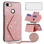 Asuwish Phone Case for Google Pixel 3 Wallet Cover with Tempered Glass Screen Protector and Crossbody Strap Lanyard Bling Glitter Credit Card Holder Stand Accessories Pixel3 III Pixle 3case Pink