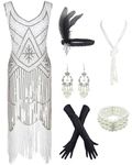 esrtyeryh Women Costume 1920s Gatsby Sequin Fringed Paisley Flapper Dress with 20s Accessories Set (2XL, White)