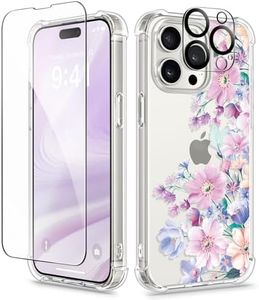 GVIEWIN for iPhone 15 Pro Case Floral, with Screen Protector+Camera Lens Protector, [Not Yellowing] Slim Shockproof Clear Protective Phone Cover for Women, Flower Pattern Design (Anemone Blooms/Pink)