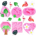 Doumeny 6Pcs Flamingo Fondant Mold Set Fan Leaf Silicone Mold Monstera Leaf Cake Mold Hawaiian Tropical Palm Leaf Chocolate Mold Coconut Tree Frangipani Plumeria Flower Candy Mold for Summer Luau Cake