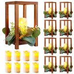 Neoflavie 16 Pcs/8 Set Wooden Wedding Lantern Centerpiece, Lantern Candle Holder for Rustic Wedding Table Decoration, Table Farmhouse Candle Lantern with 8 Pcs Flameless LED Candles（No Wreathes）