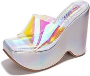 Cape Robbin Pinkki Platform Wedges - Wedges Heels for Women - 6-inch Women Wedge Heels Square Open Toe - Slip On Platform Wedge Heels with Clear Strap - Holographic Size 6