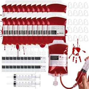 Pack of 20 Halloween Blood Bag Drinks for Drinking, IV Blood Bags Container 350 ml Drinking Vessel Syringe and Clips, Resealable, Halloween Syringes, Vampire Zombie Costume Props