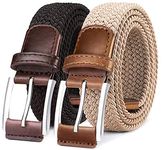 BULLIANT Mens Belt 2 Packs, Elasticated Belt Stretch Weave Belt 1 3/8",Casual Braided Woven Golf Belts for Mens Womens Jeans(Black/Beige-36-40" Waist Adjustable)