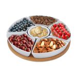 MoYouno Rotating Dip Set,Lazy Susan Rotating-29cm,Relish Tray,Ceramic Serving Tray-with Bamboo Platter,Divided Serving Platter with 6 Removable Dishes, for Appetizer, Fruits,Veggies,Candy(White)