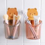 Wolpin Toothbrush Holder (Set of 2 Pcs) Plastic Stand for Toothpaste, Comb, Brush, Cream, Lotion Kids Bathroom Cup Drain Waterproof Self-Adhesive, Teddy Bear