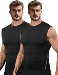 Odoland 2 Pack Men's Compression Sleeveless Shirts, Dry Fit Athletic Base Layer Tank Top, Sports Running Gym Workout Shirts, Black and Black, L