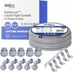 New Age America® 1/2" - 25FT KableLock™ Liquid-Tight Flexible Conduit | Non Metallic | 1/2" - 25FT | 5pc Straight + 5pc Angle Fittings + 5pc Pipe Support Strap | UL Certified | Waterproof PVC Conduit