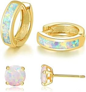 CiNily 2 Pairs Yellow Gold Plated Earrings Set Opal Small Hoop Stud Earrings Sets for Women Men Huggie Earrings