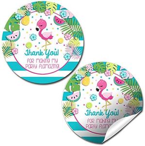 Tropical Pink Flamingo with Fruit Thank You Sticker Labels, 40 2" Party Circle Stickers by AmandaCreation, Great for Party Favors, Envelope Seals & Goodie Bags