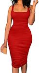 Mookyun Women's Sexy Bodycon Tank Top Dress Sleeveless Backless Basic Ruched Stretchy Party Club Midi Dresses, Red, Medium