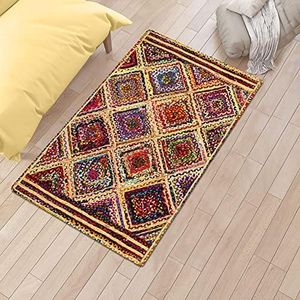 Casavani Indian Hand Braided Rag Rug Geometric Multicolor 3x5 Ft Chindi Cotton & Jute Rectangular Shape Rug Hallway Enterway Rugs for Bedroom & Kitchen 6x9 Feet